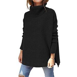 Women's Turtleneck Oversized Sweaters Long Batwing Sleeve Spilt Hem